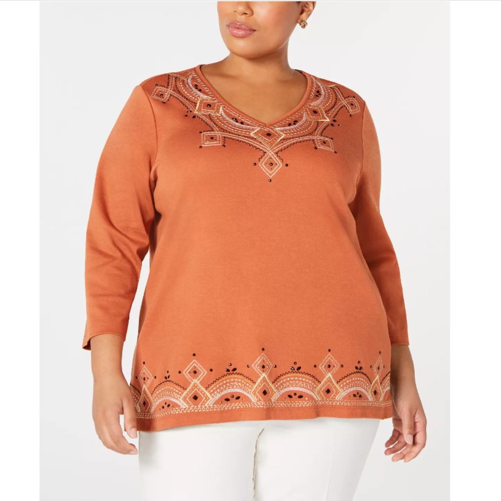 Alfred Dunner Street Smart Embroidered 3/4-Sleeve Top PXL